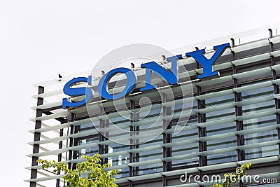 Sony company logo on headquarters building Editorial Stock Photo