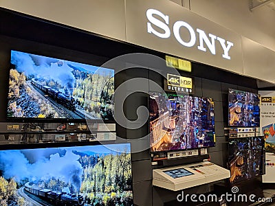 Sony Logo and TV display inside Best Buy Store Editorial Stock Photo