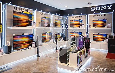 Sony TV display at The Siam Paragon in Bangkok. Sony is one of the leading manufacturers of electronic products for the consumer Editorial Stock Photo