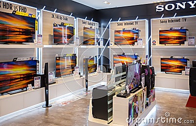 Sony TV display at The Siam Paragon in Bangkok. Sony is one of the leading manufacturers of electronic products for the consumer Editorial Stock Photo