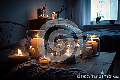 soothing candlelit ambiance with calming music for peaceful night of rest Stock Photo