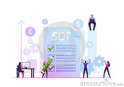 Sop, Standard Operating Procedure Concept. People Writing Step-by-step Instructions Compiled by Organization Vector Illustration