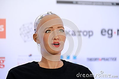 Sophia humanoid robot at Open Innovations Conference at Skolokovo technopark Editorial Stock Photo