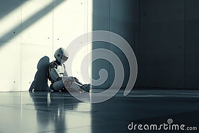 Generative Ai, Sophisticated artificial intelligence robots feel sad sitting in an empty room Stock Photo