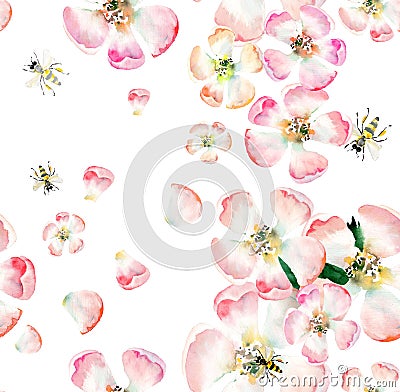 Sophisticated beautiful cute lovely tender herbal floral spring flowers of apple with green leaves and bees pattern watercolor Cartoon Illustration