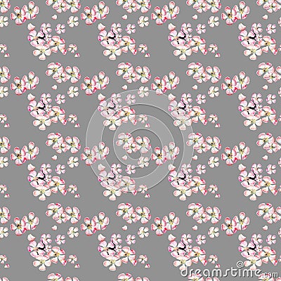 Sophisticated beautiful cute lovely tender herbal floral spring flowers of apple with green leaves pattern on beige background Cartoon Illustration