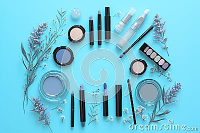 Sophisticated beauty Womens cosmetic products set on a chic blue Stock Photo