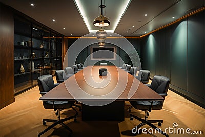 Sophisticated boardroom design large black table, plush brown chairs, TV Stock Photo