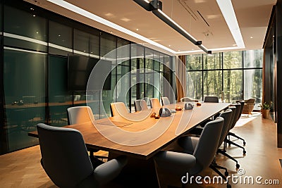 Sophisticated boardroom design large black table, plush brown chairs, TV Stock Photo