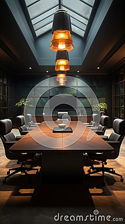 Sophisticated boardroom design large black table, plush brown chairs, TV Stock Photo