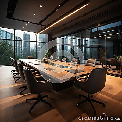 Sophisticated boardroom design large black table, plush brown chairs, TV Stock Photo