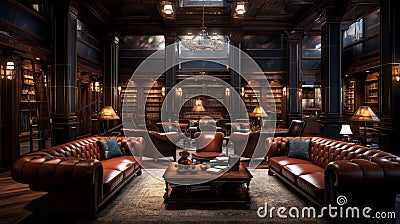 A sophisticated cigar lounge, leather sofas, wooden paneling. Stock Photo
