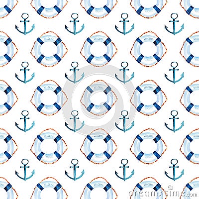 Sophisticated cute graphic lovely beautiful wonderful summer sea fresh marine cruise colorful lifebuoys and anchors pattern Stock Photo