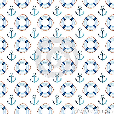 Sophisticated cute graphic lovely beautiful wonderful summer sea fresh marine cruise colorful lifebuoys and anchors pattern Stock Photo