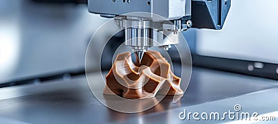 Sophisticated 3D Printer Creating an Intricate Design From Brown Material in a Lab, Close-up View. Stock Photo