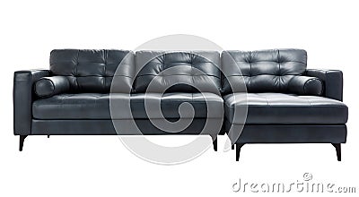 Sophisticated dark gray leather sectional sofa with chaise lounge and cylindrical pillows, elegantly set on tapered legs Stock Photo