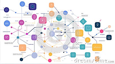 A sophisticated data visualization illustrating complex network connections and information flows using colored nodes Stock Photo