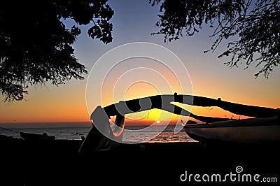 Sophisticated elegant orange sunset in Maui Hawaii with palm tree Stock Photo