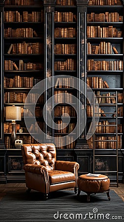 A sophisticated library with a 3D wall pattern resembling bookshelves Stock Photo