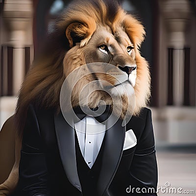 A sophisticated lion in a tuxedo, posing for a portrait with a regal and commanding presence2 Stock Photo