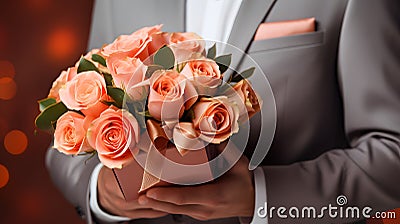 Sophisticated Love: Man with Peach Roses & Gift Box Stock Photo