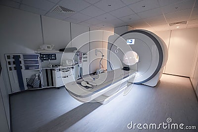 A Sophisticated MRI Scanner At Hospital. MRI Machine. Hospital Interior. Stock Photo