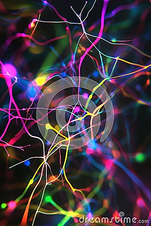 Sophisticated neural pathway visualization illuminated by pulsing neon effects that suggest synaptic activity and data transfer Stock Photo