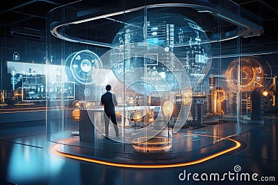 sophisticated quantum computing laboratory with intricate machinery and futuristic user interfaces, Ai generated Stock Photo