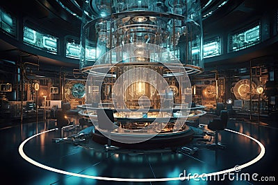 sophisticated quantum computing laboratory with intricate machinery and futuristic user interfaces, Ai generated Stock Photo