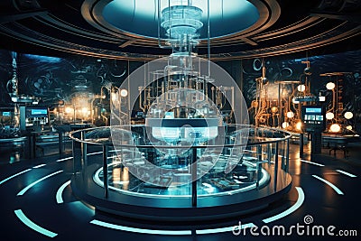 sophisticated quantum computing laboratory with intricate machinery and futuristic user interfaces, Ai generated Stock Photo