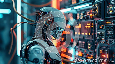 Sophisticated Robot Engaged in Machine Learning. Generative ai Cartoon Illustration