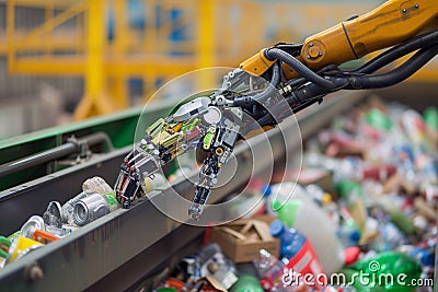 Advanced Robotic Arm Selecting Recyclables, Modern Recycling Technology Stock Photo