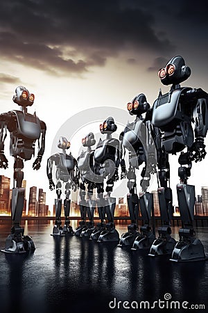 Sophisticated robots stand are arranged in a row, backdrop of a glittering city. Generative AI Stock Photo