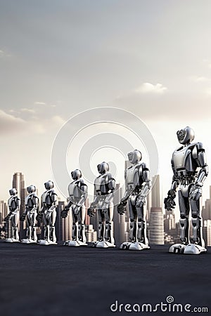 Sophisticated robots stand are arranged in a row, backdrop of a glittering city. Generative AI Stock Photo