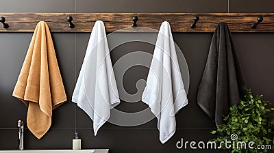 Sophisticated Simplicity, White, Black, and Grey Cotton Terry Towels on a Rail. Generative AI Stock Photo