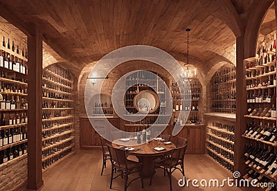 A sophisticated wine cellar with wooden racks, ambient lighting, and a tasting area, Stock Photo