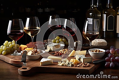 A sophisticated wine tasting experience, featuring an assortment of fine red and white wines, with elegant wine glasses, a Stock Photo