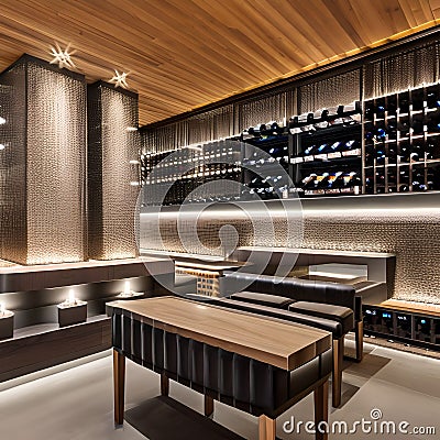 A sophisticated wine tasting room with a glass-enclosed wine cellar, a tasting bar, and elegant seating for guests4, Generative Stock Photo