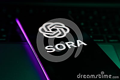 Sora OpenAi new text to video AI model. Sora and Openai logo on screen. Editorial Stock Photo