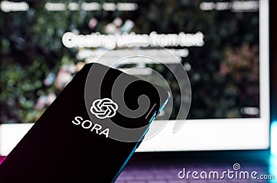 Sora OpenAi new text to video AI model. Sora and Openai logo on screen. Editorial Stock Photo