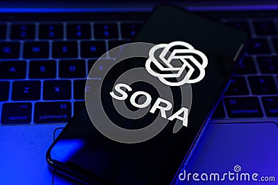 Sora OpenAi new text to video AI model. Sora and Openai logo on screen. Editorial Stock Photo