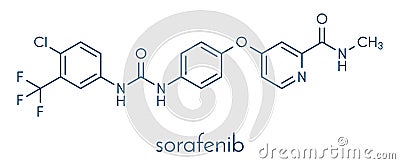 Sorafenib cancer drug molecule. Tyrosine kinase inhibitor TKI. Skeletal formula. Vector Illustration