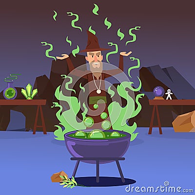 Sorcerer casting a spell, vector illustration. Evil wizard cartoon character, cauldron with boiling potion, medieval Vector Illustration