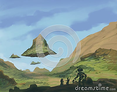 A sorcerer and companion journey towards mystical floating lands with their familiar pet creature on an epic adventure - digital Stock Photo