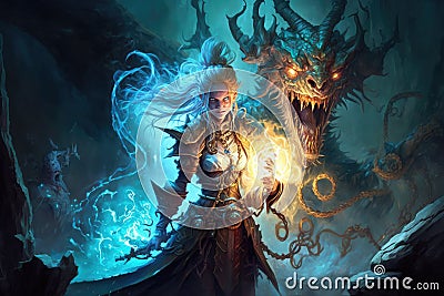 Sorcerer magic battle casting spell against demon Stock Photo