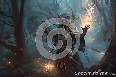 Sorcerer magic battle casting spell against demon Stock Photo