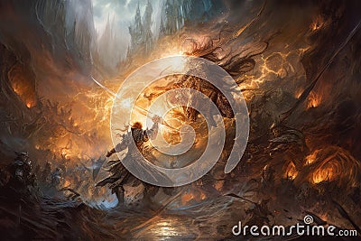 Sorcerer magic battle casting spell against demon Stock Photo