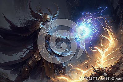 Sorcerer magic battle casting spell against demon Stock Photo