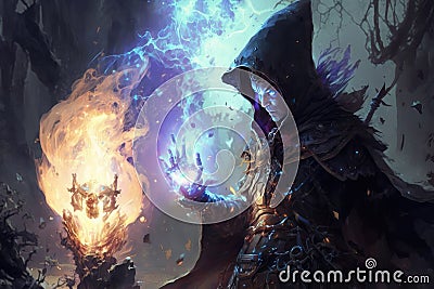 Sorcerer magic battle casting spell against demon Stock Photo