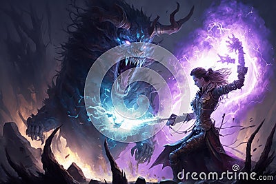 Sorcerer magic battle casting spell against demon Stock Photo